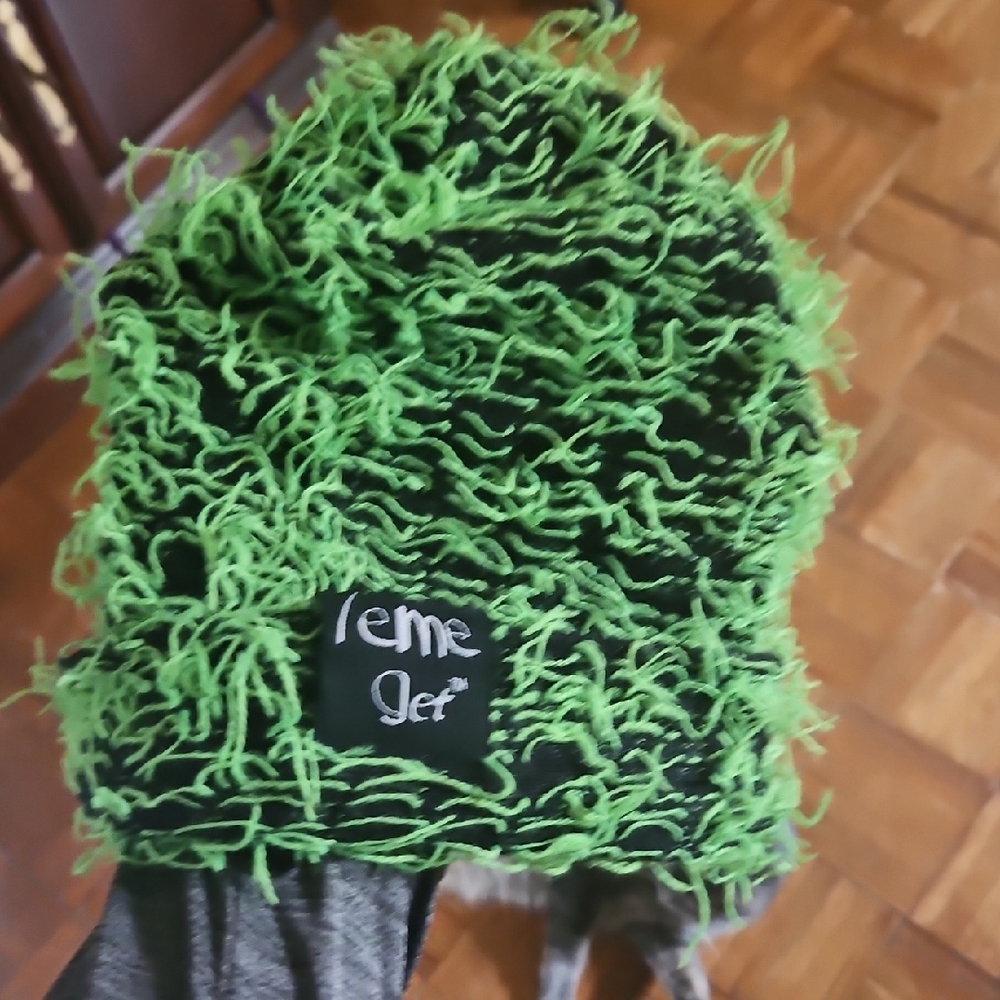 Fuzzy Green and Black Beanie